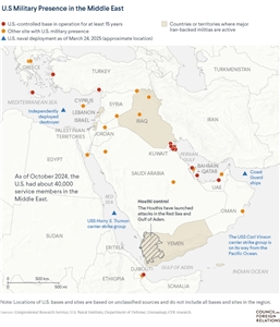 美軍在中東地區的軍事基地部署分布。(圖：取自CFR)