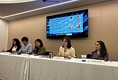 華府智庫全球台灣研究中心（GTI）24日舉辦「強化台灣資訊韌性：記者如何能對抗假訊息」座談，FactLink數位素養實驗室共同創辦人陳慧敏（左2）、首席調查記者馬麗昕（左3），及前自由亞洲電台執行主編李弘敏（右2）等人出席。
