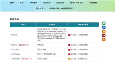 因應區域緊張情勢急速升高，外交部13日調升以色列及伊朗的旅遊警示等級，並暫緩執行台以度假打工計畫，呼籲民眾近期避免前往相關國家商旅。 (圖擷自外交部官網)
