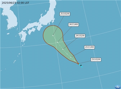 熱帶性低氣壓TD03路徑潛勢預報圖。（氣象署官網)