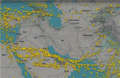 美攻擊伊朗全球航班繞過中東。 (圖:Flightradar24)