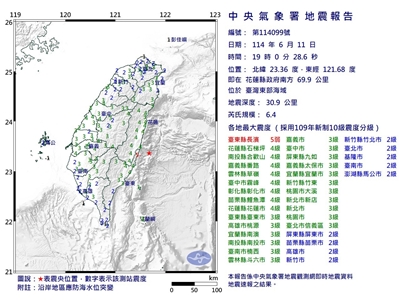 中央氣象署最新資訊，今天(11日)晚間7時0分發生芮氏規模6.4地震，地震深度30.9公里，震央位於花蓮縣政府南方69.9公里(位於臺灣東部海域)，最大震度臺東縣5弱。(圖 : 中央氣象署臉書)