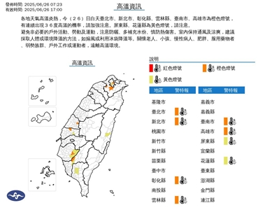 中央氣象署26日發布，雙北等8縣市亮橙色高溫燈號。 (圖:中央氣象署)