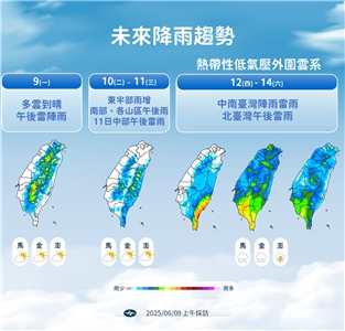 中央氣象署9日提醒，今年西北太平洋上的第一個颱風「蝴蝶(國際命名Wutip)」有機會在週四成形。圖為未來降雨趨勢。(圖：氣象署)
