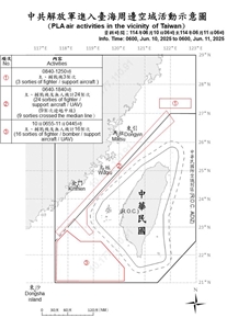 國防部公布自昨天(10日)上午6時至今天(11日)上午6時，共軍在台海周邊活動情況。(國防部提供)