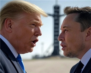 昔日戰友川普(左)與馬斯克(右)決裂。示意圖。 (AI生成圖)