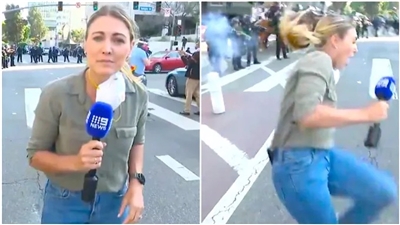 澳洲媒體9news記者托馬西(Lauren Tomasi)8日在電視連線報導時，腿部遭橡皮子彈擊中。(X平台)