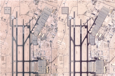 衛星影像顯示，卡達美軍基地的軍機已轉移。圖左拍攝於今年6月5日，圖右拍攝於6月19日。