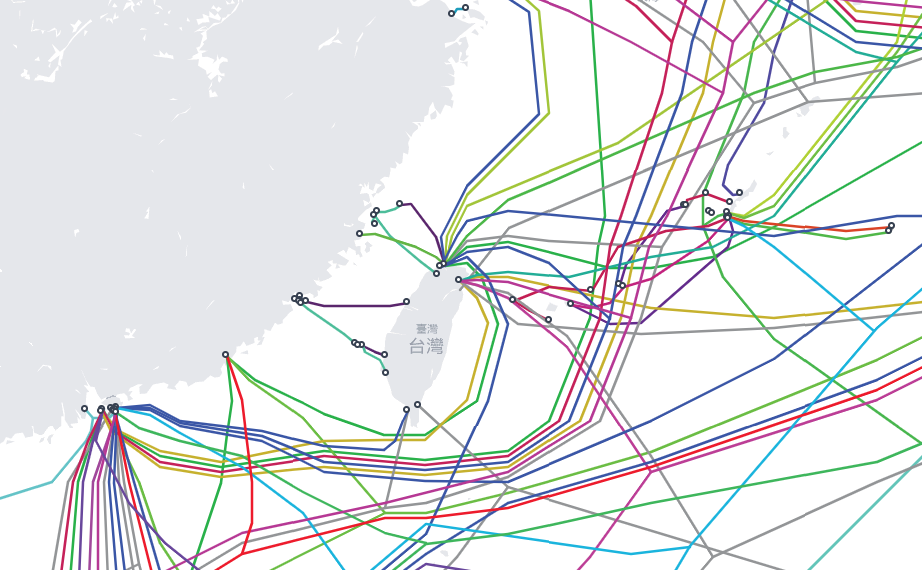 台灣周邊海底電纜圖。(圖取自submarinecablemap.com)