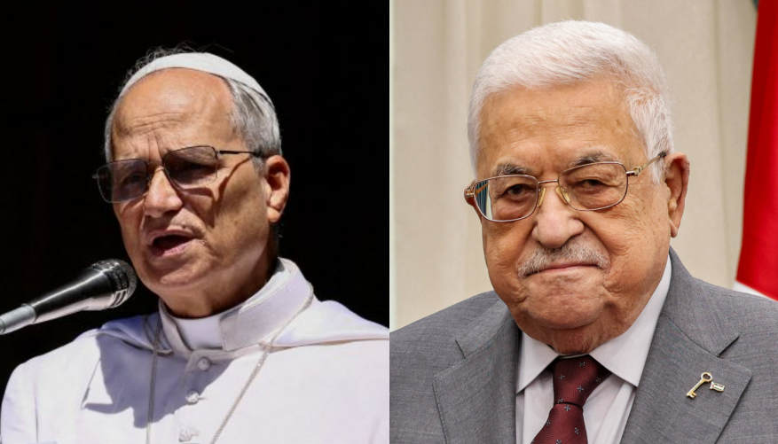 天主教教宗良十四世(Pope Leo XIV)(左)21日與巴勒斯坦自治政府主席阿巴斯(Mahmoud Abbas)(右)通話。(路透社／達志影像、AFP，央廣合成)