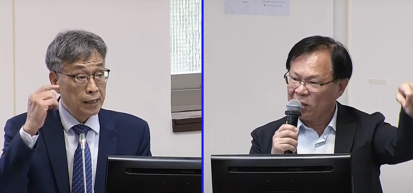 立法院經濟委員會21日邀相關部會就「丹娜絲颱風及0708豪雨災損及回復情形」做報告。左為農業部長陳駿季、右為民眾黨立委張啓楷。(翻攝國會頻道)