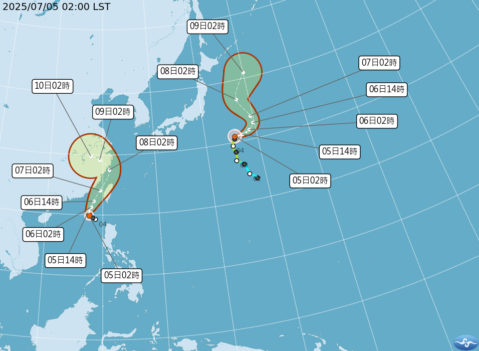 位於呂宋島西北方海面的熱帶性低氣壓，已於今天(5日)凌晨2時增強為第4號輕度颱風「丹娜絲」(國際命名：DANAS)。(中央氣象署提供)