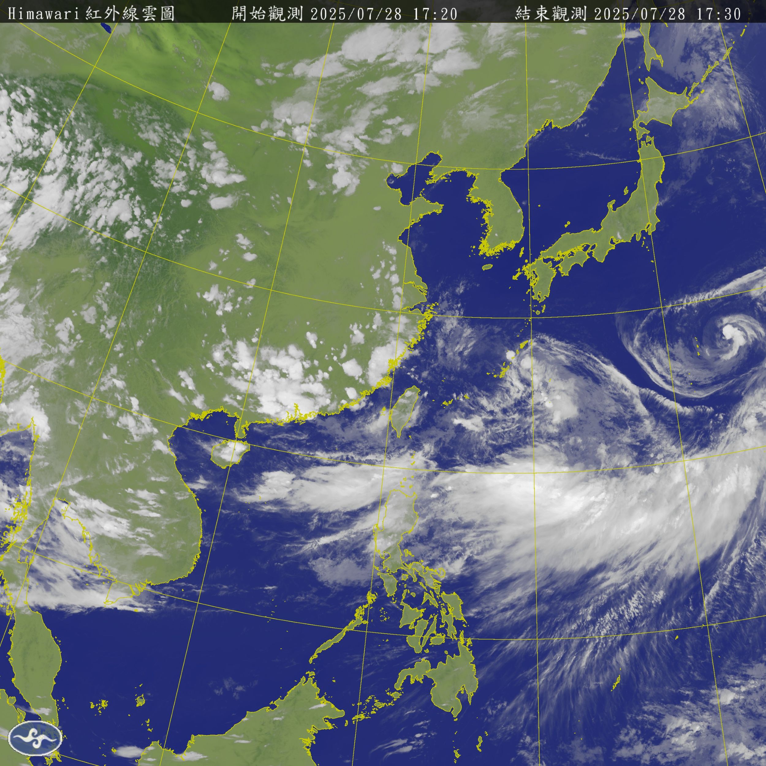 雙颱助威、西南風28日晚間升級西南氣流，中南部嚴防豪雨肆虐。(圖：氣象署)