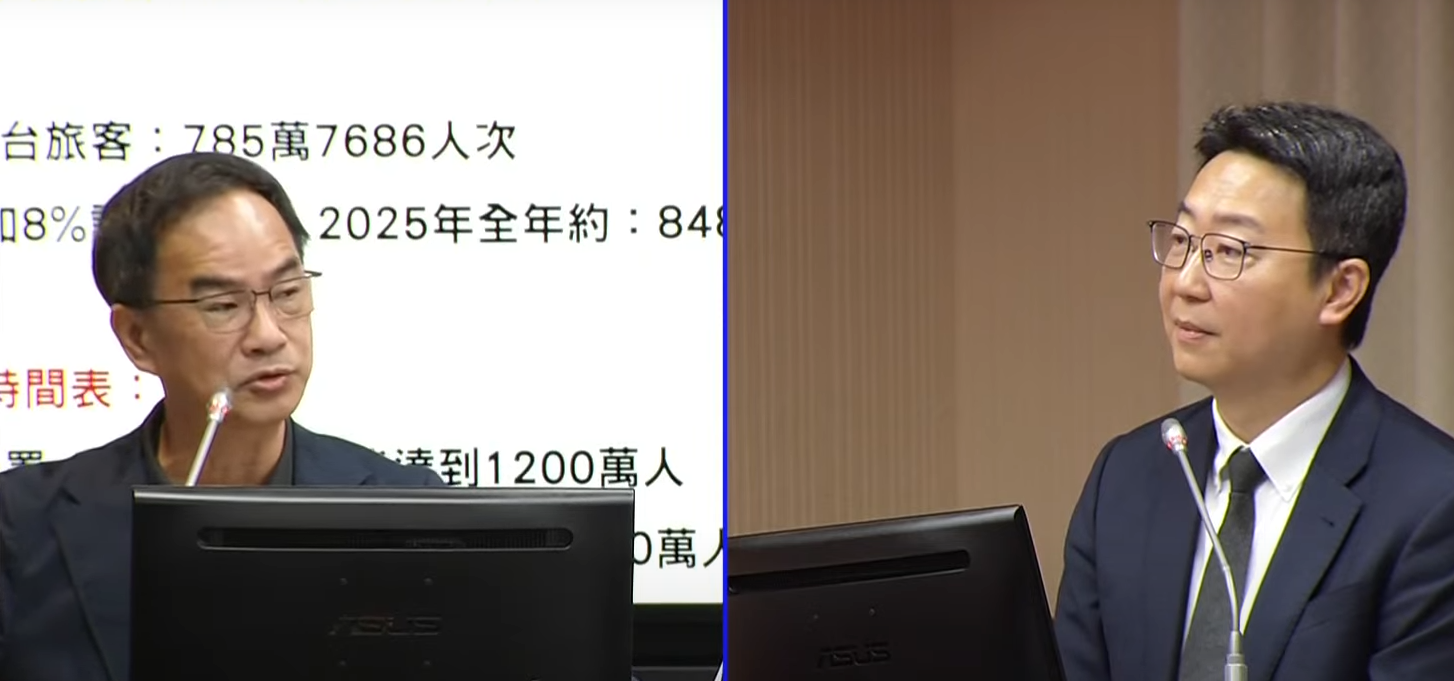 立法院交通委員會24日邀請交通部長陳世凱(右)率領觀光署長陳玉秀等單位，就「我國觀光旅遊市場概況」進行專題報告並備詢。左為立委李昆澤。(翻攝國會頻道)