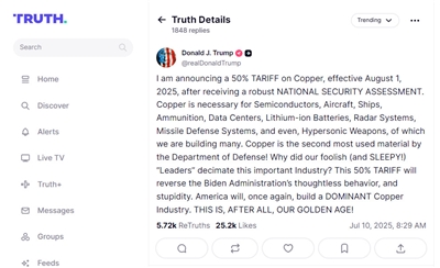 美國總統川普9日在真實社群(Truth Social)發文表示，將對銅徵收50%關稅。(翻攝社群平台Truth Social「Donald J. Trump」)