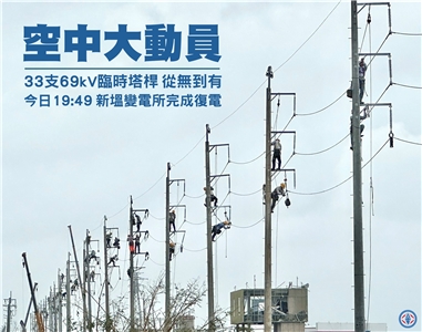 台電集結全國百名人力在風災斷電後67小時內，新塭變電所完成復電。(圖：台電粉絲團)