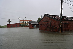 受低壓帶及西南風影響　雲林北港地區嚴重淹水，許多村落泡在水中。

