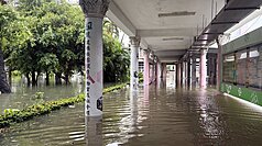 受低壓帶與西南風影響，嘉義縣28日清晨起降大豪雨，部分地區出現積淹水災情，朴子地區校園幾乎都
泡在水中。（朴子國中提供）
