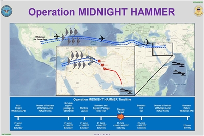 美軍對伊朗核子設施發動「午夜重錘行動」(Operation Midnight Hammer)。示意圖。(圖:X@DODResponse)