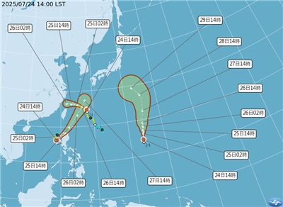 25日台灣受颱風范斯高外圍雲系影響，北部地區有短暫陣雨或雷雨，並可能有局部大雨。(圖：氣象署)