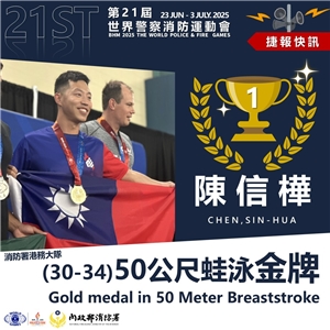 世界警消運動會賽事進入第5天，台灣消防代表隊再斬獲2金2銀2銅佳績，其中，消防署港務大隊的陳信樺在男子50公尺蛙式，以29.81秒奪得金牌。(翻攝消防署臉書)