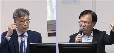 立法院經濟委員會21日邀相關部會就「丹娜絲颱風及0708豪雨災損及回復情形」做報告。左為農業部長陳駿季、右為民眾黨立委張啓楷。(翻攝國會頻道)