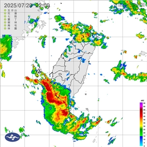 中央氣象署28日發布豪雨特報，西南氣流及第8號颱風外圍環流影響，易有短延時強降雨。今晚至明天，台南市、高雄市及屏東縣有局部豪雨或大豪雨。 (圖：中央氣象署)