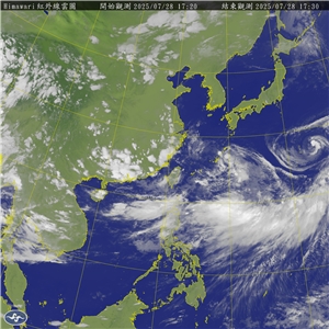 雙颱助威、西南風28日晚間升級西南氣流，中南部嚴防豪雨肆虐。(圖：氣象署)