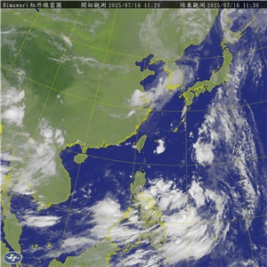 位於菲律賓東方海面的低氣壓16日上午8時增強為熱帶性低氣壓，有機會發展成今年第6號颱風。(圖：氣象署)