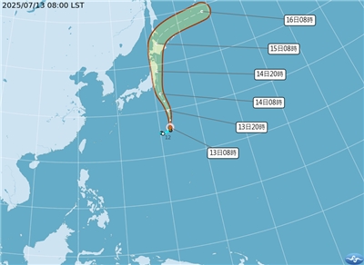 輕颱百合路徑潛勢預報圖。(中央氣象署提供)