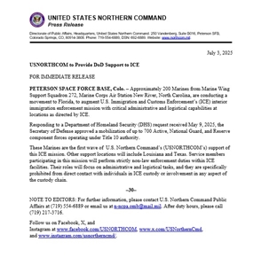 美國北方司令部(USNORTHCOM)3日發表聲明，將派200名陸戰隊員赴佛羅里達州，為移民暨海關執法局(ICE)提供行政和後勤支援。(翻攝USNORTHCOM社群平台X)