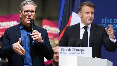 英國首相施凱爾(左)和法國總統馬克宏(右)10日呼籲對莫斯科實施新的制裁，確保烏克蘭停火。資料合成照。(AFP)