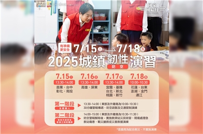 2025城鎮韌性(防空)演習15日起陸續在各地登場。賴清德總統透過臉書發文提醒國人配合，打造社會韌性。(翻攝總統臉書)