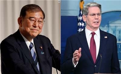 日本首相石破茂(左)計劃本月18日在東京與美國財政部長貝森特(右)會面。資料照片 (路透社/達志影像、AFP/央廣合成)