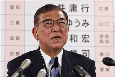 日本首相石破茂20日在參議院選舉後，在自民黨總部接受媒體訪問。