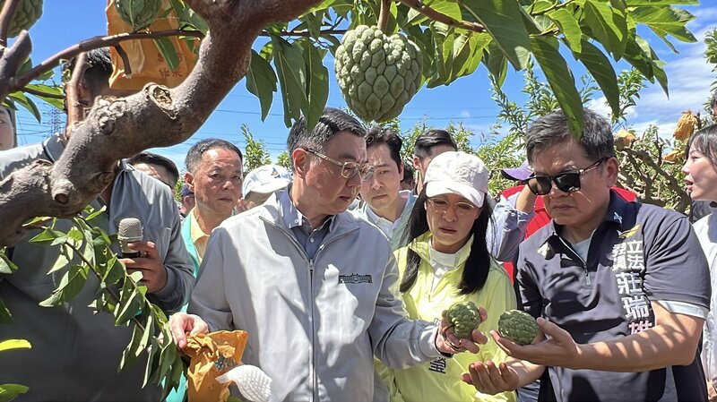 行政院長卓榮泰 （前右3）16日到台東關心釋迦等農作災損，並指示農損從寬認定，免勘項目有必要還可以再調整。
