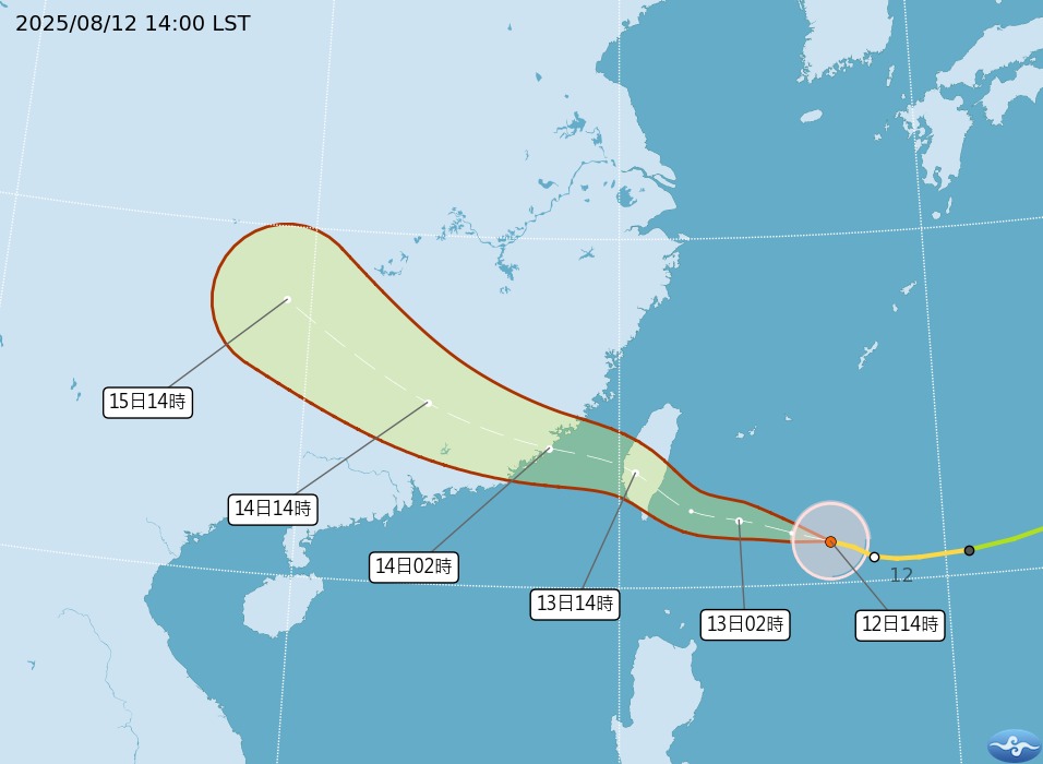 颱風楊柳逼近，中央氣象署12日下午2時30分發布陸上颱風警報。(翻攝氣象署官網)