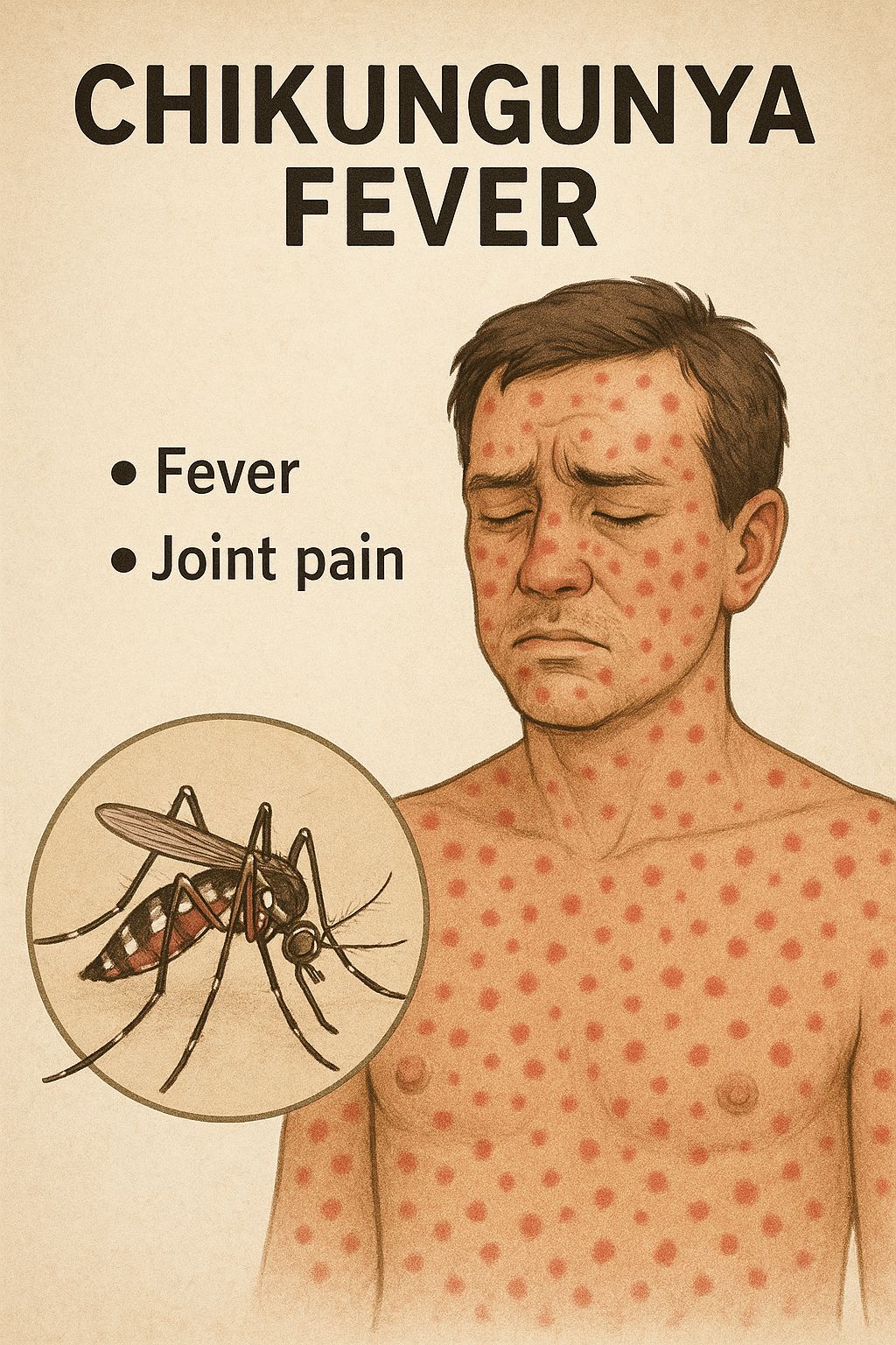 屈公熱(Chikungunya fever，又譯基孔肯雅熱、屈公病)主要經由蚊子傳播。示意圖。(AI生成圖)