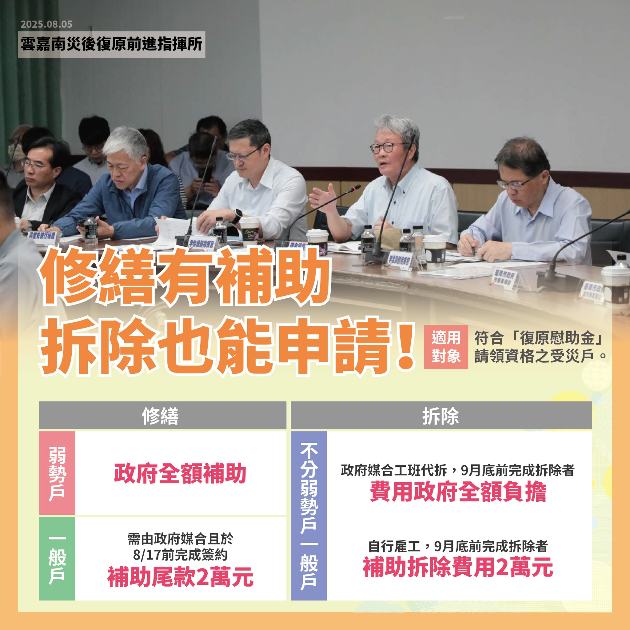 行政院5日宣布，為加速災後重建，針對弱勢戶房屋修繕及拆除費用，將由政府吸收負擔。(圖：行政院提供)