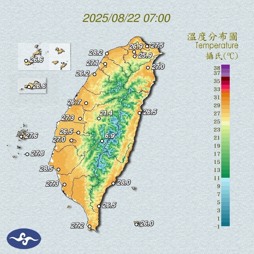 中央氣象署指出，22日太平洋高壓影響，各地晴朗穩定、高溫炎熱，僅恆春半島偶有零星短暫陣雨；溫度方面，東半部普遍為攝氏31至33度，西半部則可達34、35度，局部溫度都會來得更高一些。(圖:交通部中央氣象署)