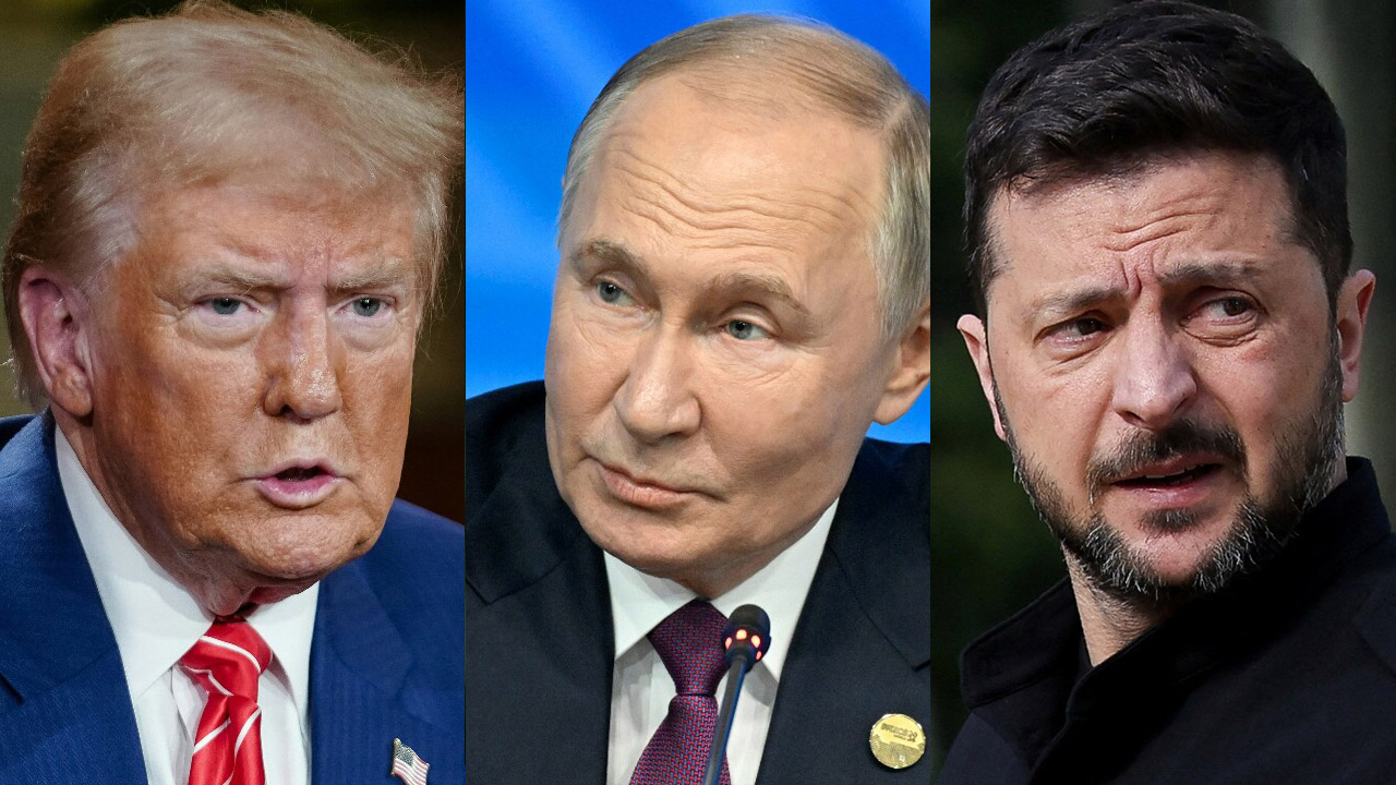 美國總統川普(Donald Trump)26日表示，如果俄羅斯總統蒲亭(Vladimir Putin)未能同意在俄烏戰爭中停火，他已準備好要對俄羅斯祭出經濟制裁。左起為美國總統川普、俄羅斯總統蒲亭、烏克蘭總統澤倫斯基。資料合成照。(AFP)