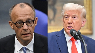 德國總理梅爾茨(Friedrich Merz)(左)讚揚美國總統川普(Donald Trump)說服俄羅斯總統蒲亭(Vladimir Putin)，同意與烏克蘭總統澤倫斯基(Volodymyr Zelenskiy)會面。資料照。(AFP)