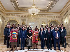 史瓦帝尼國王恩史瓦帝三世（前排中）接見台灣企業界籌組的跨領域產業團。（外交部提供）

