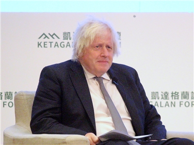 英國前首相強生(Boris Johnson)5日在台北表示，北約成員都應支出更多國防經費，很高興知道台灣將把國防預算提升至GDP3% (央廣記者王照坤 攝)