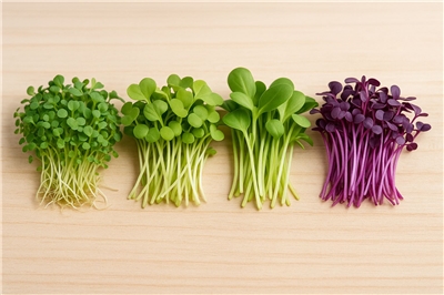 芽苗蔬菜包括青花椰苗、蘿蔔嬰、蕎麥苗與紫高麗菜苗等，具有營養集中與食用方便的特點。示意圖。(AI生成圖)
