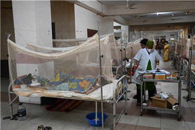 圖為在孟加拉首都達卡的一家醫院，登革熱病患在搭蚊帳的病床上接受治療。 
