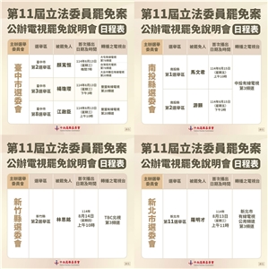 中選會12日透過社群網站臉書(Facebook)圖卡公布7位立委罷免案公辦電視罷免說明會時程。(翻攝中選會臉書)