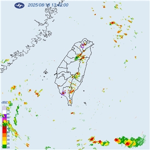 交通部民航局表示，午後雷雨當空，台北松山機場18日下午1時13分起暫停地面作業，部分航班可能因此延誤。(圖:交通部中央氣象署)