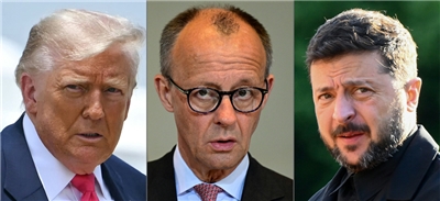 合成資料照，(左起)美國總統川普、德國總理梅爾茨(Friedrich Merz)、烏克蘭總統澤倫斯基。(資料照)(法新社)