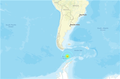 位於南美洲南端與南極洲中間的德雷克海峽(Drake Passage)美洲時間21日(台灣時間22日)發生規模7.5地震。(圖：USGS)